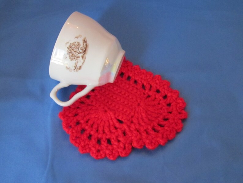 Red Hearts Crochet Coasters Set. Great gift for a someone special. Valentines Day Gift. image 4