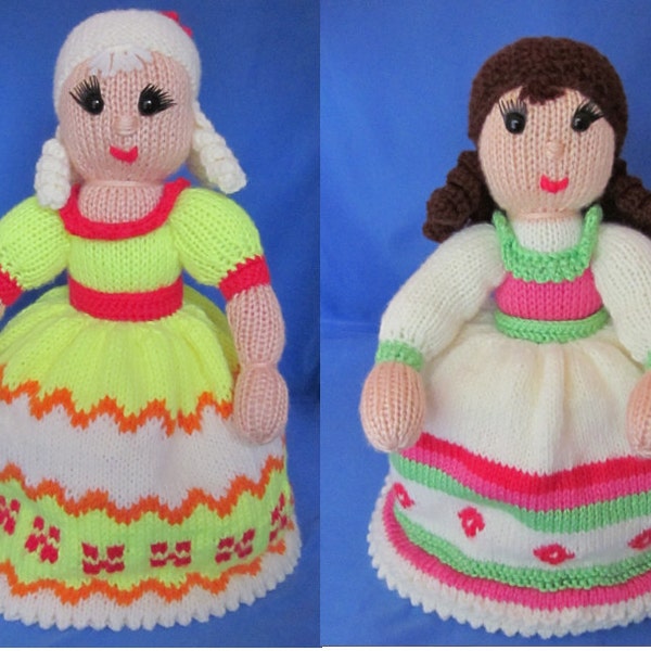 Handmade knitted/crochet reversible Topsy-Turvy Doll, cute and cuddly toy for kids babies children brunette/blonde with colorful dress.