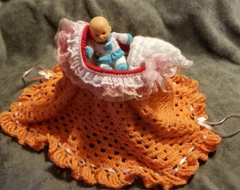 Crocheted Doll Moses Basket-Purse with Doll, Bed sheet, Blanket, Pillow, Lacey Little Doll Carrier, carry cot, crib, Play Set, Baby Crib