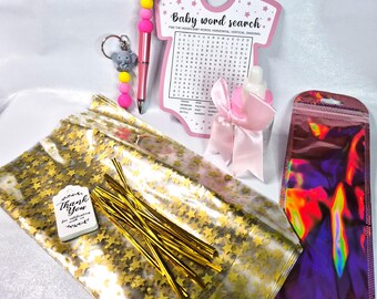 Baby Girl Shower Favor Gift Bags Set of 10, Beaded Pen & Keychain Party Favors, Candy Bottle and Game Card, Handmade Baby Shower Guest Gifts