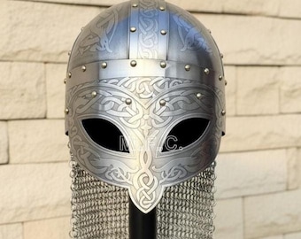 Casco vikingo grabado y cota de malla Aventail Norse Gjermundbu Armor LARP, SCA, decoración, regalo de Halloween