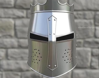 Mittelalterlicher Kreuzritter Stahl-Ritter-Helm, handgefertigt, tragbarer Rüstungs-Helm für Cosplay, LARP, Reenactment & Display