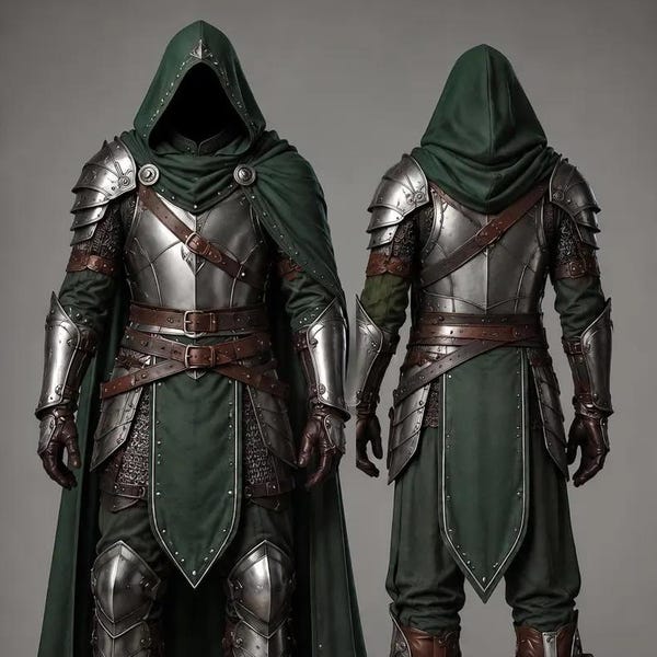 Armadura de caballero medieval con capa con capucha, armadura gótica de acero, disfraz de guerrero fantástico para LARP y cosplay.