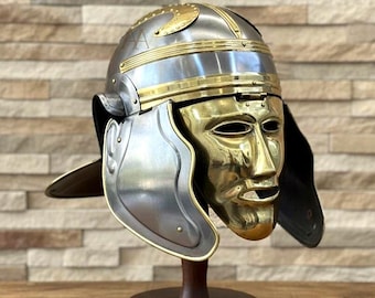 Roman Brass Helmet with Face Mask Ancient Warrior Helmet Handmade Armor Replica Historical Decor