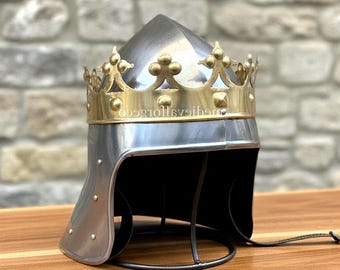 Medieval Crowned knight Armor Helmet Crusader Helmet With Brass Crown LARP Cosplay & gifting