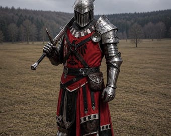 May include: A full suit of medieval armor, including a helmet, chest plate, and leg guards, is worn by a person standing in a field. The armor is silver-colored, and the person is wearing a red tunic. A long sword rests on the person's shoulder.