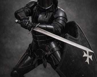 May include: A full suit of black armor, including a helmet, chest plate, and leg guards. The knight is holding a long sword in a combat stance and a shield with a white cross. The background is a dark, textured gray.