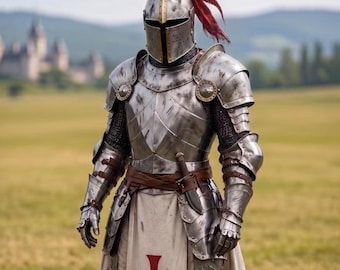 Conjunto de armadura de caballero templario, cruzado medieval, traje de armadura de acero de cuerpo completo, disfraz para LARP y cosplay.