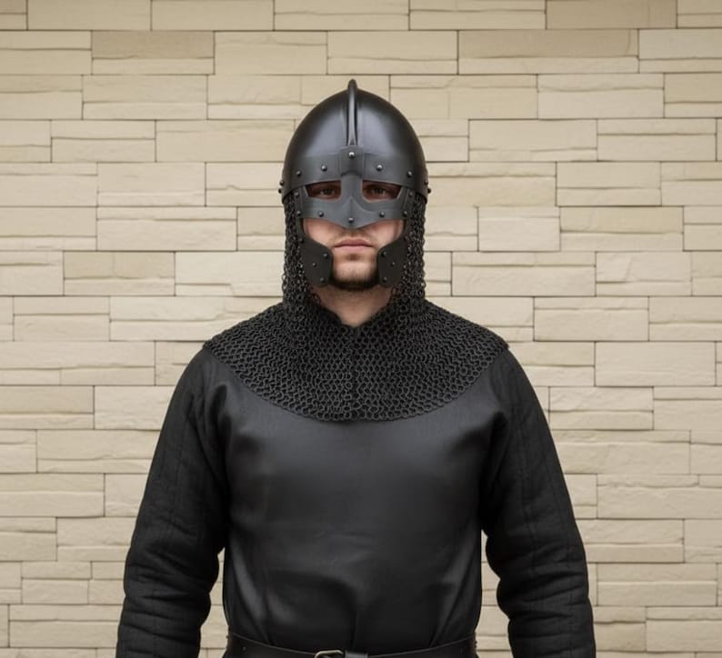 Black Viking Spangenhelm | Handmade Medieval Norse Helmet with Chainmail image 7
