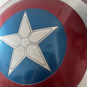 Puede incluir: Primer plano de un escudo del Capit&aacute;n Am&eacute;rica. El escudo es circular con un anillo exterior rojo y plateado. El centro presenta un c&iacute;rculo azul con una estrella blanca de cinco puntas. El escudo tiene un brillo met&aacute;lico.