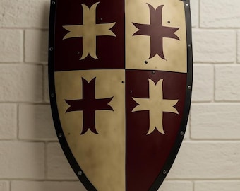Medieval Crusader Heater Shield | Templar Cross Knight Shield | Handmade Steel & Wood