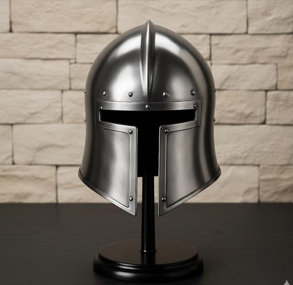 Medieval Knight Steel barbuta Helmet with Wooden Stand | Handmade Armor Collectible | Viking Crusader Helmet
