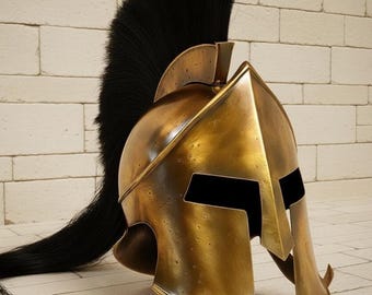 Handcrafted Greek Corinthian Helmet, Bronze Spartan Armor with Black Horsehair Crest for cosplay & decor