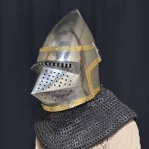 Handmade Steel Bascinet pig face chainmail Helmet Medieval Knight Armor with Brass Trim