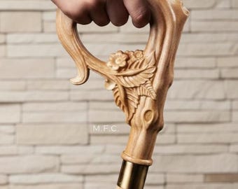 Wooden Walking Cane with Floral Carved Handle Stylish Stick Handmade Cane for Men & Women