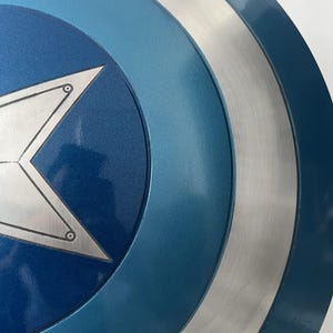 May include: A close-up of a Captain America shield. The shield features concentric circles of blue and silver. A white star is centered on a dark blue circle. The shield has a metallic finish.