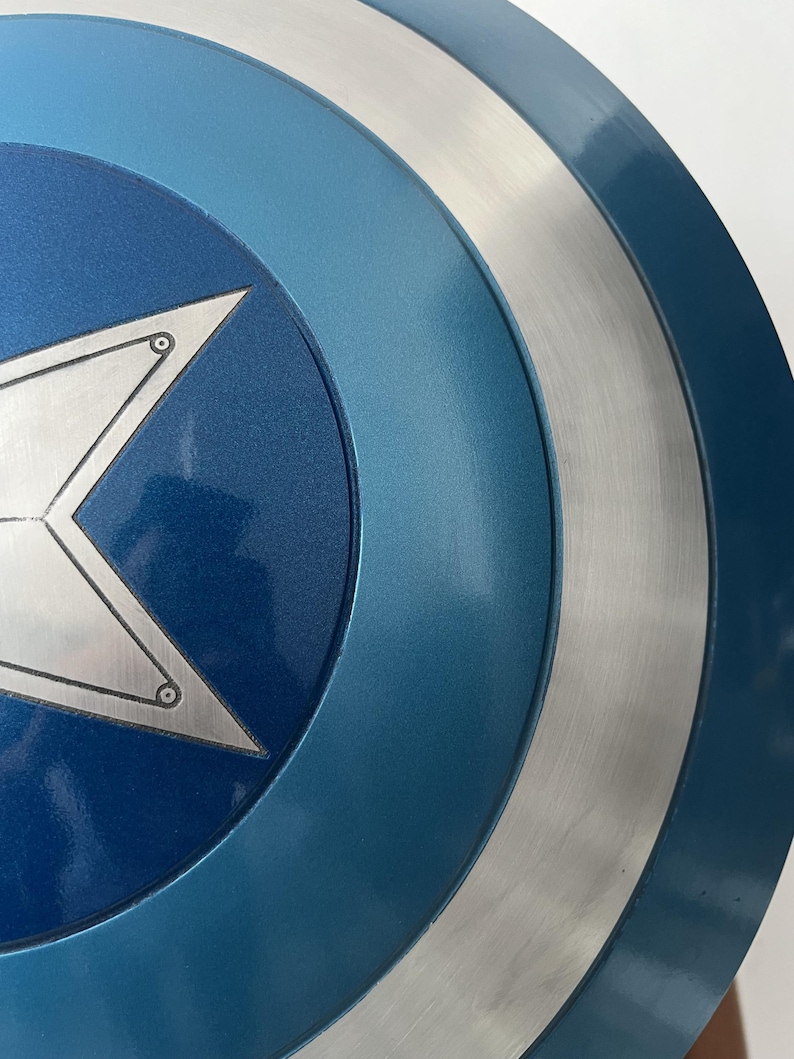 May include: A close-up of a Captain America shield. The shield features concentric circles of blue and silver. A white star is centered on a dark blue circle. The shield has a metallic finish.