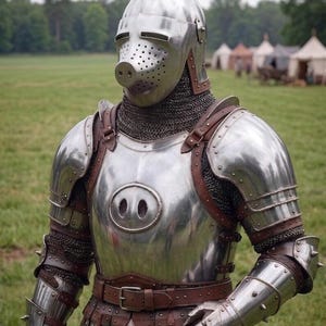 May include: A full suit of polished steel armour with a pig-shaped helmet. The armour includes a breastplate with a pig snout design, brown leather straps, and chainmail. The background shows a grassy field and tents.