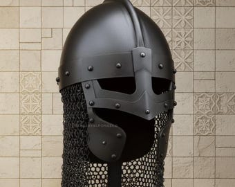 Black Viking Spangenhelm | Handmade Medieval Norse Helmet with Chainmail