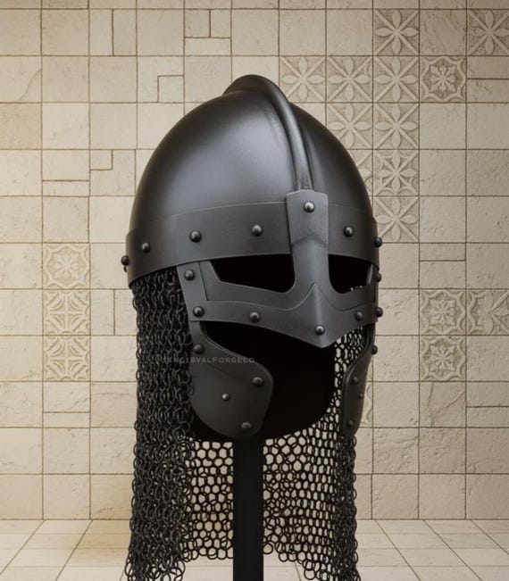 Black Viking Spangenhelm | Handmade Medieval Norse Helmet with Chainmail