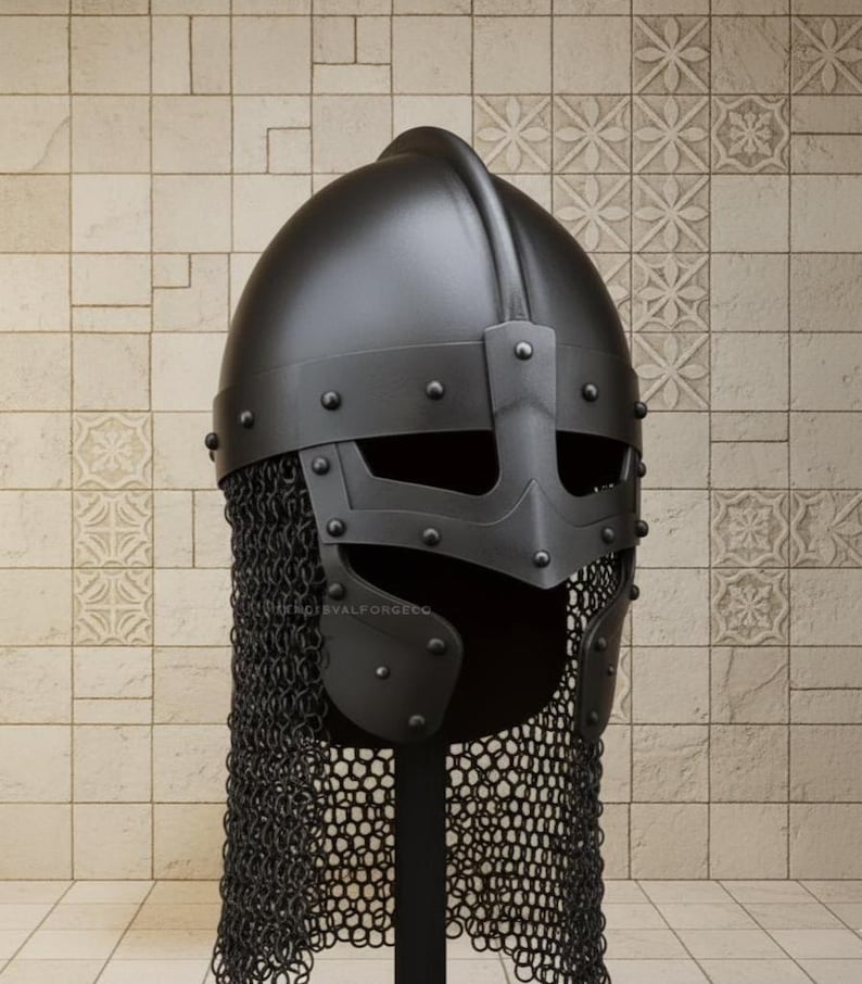 Black Viking Spangenhelm | Handmade Medieval Norse Helmet with Chainmail image 1