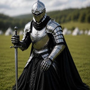 May include: A knight in polished steel plate armour kneels on grass, holding a sword. The armour reflects the sky. The knight wears a black cape and skirt. The background shows a green hillside and white tents.