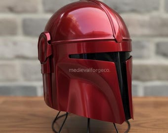 Red Sci-Fi Mandalorian Armor Helmet Futuristic Cosplay Space Warrior Costume Display, Decor & gift