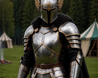 Fantasy Knight Armor With Winged Helmet Medieval Steel Armor Suit Gothic LARP Costume