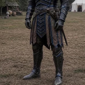 May include: Full shot of a medieval-style suit of armor in black and brown, with blue accents. The armor includes a chest plate, skirt, and leg coverings. A sword is sheathed at the waist. The person is standing on grass.