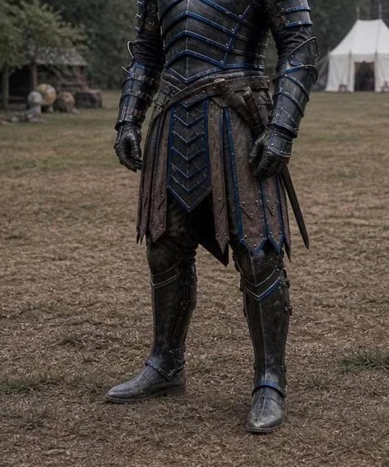 May include: Full shot of a medieval-style suit of armor in black and brown, with blue accents. The armor includes a chest plate, skirt, and leg coverings. A sword is sheathed at the waist. The person is standing on grass.
