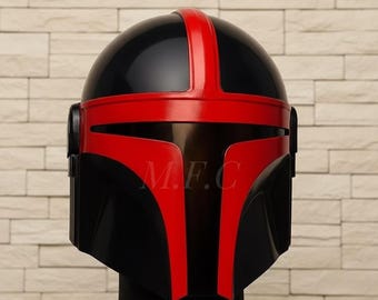 Casco de acero mandaloriano negro y rojo hecho a mano, armadura de cosplay para adultos