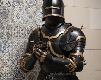 Mittelalterliche Schwarze Gothic Ritter Dämon Rüstung Geweihte Dark Fantasy Vollpanzer Cosplay & Dekor Rüstung