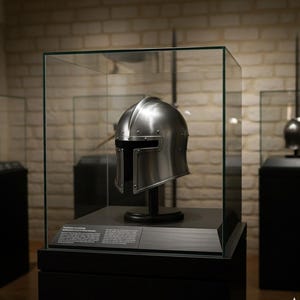 May include: A polished silver medieval helmet displayed in a glass case. The helmet has a visor and is mounted on a black stand. The display case is on a black pedestal, with a brick wall in the background.