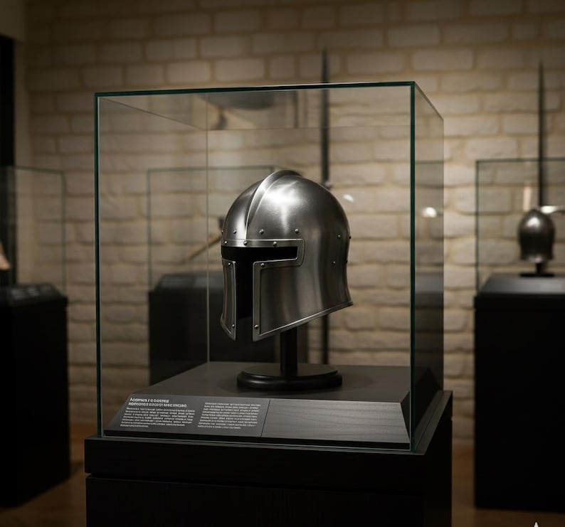 May include: A polished silver medieval helmet displayed in a glass case. The helmet has a visor and is mounted on a black stand. The display case is on a black pedestal, with a brick wall in the background.