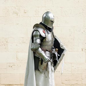 May include: A full suit of medieval armor, including a helmet, chest plate, and arm guards. The armor is silver-colored and worn with a white cape and tunic. A shield is held at the side. The background is a light-colored brick wall.
