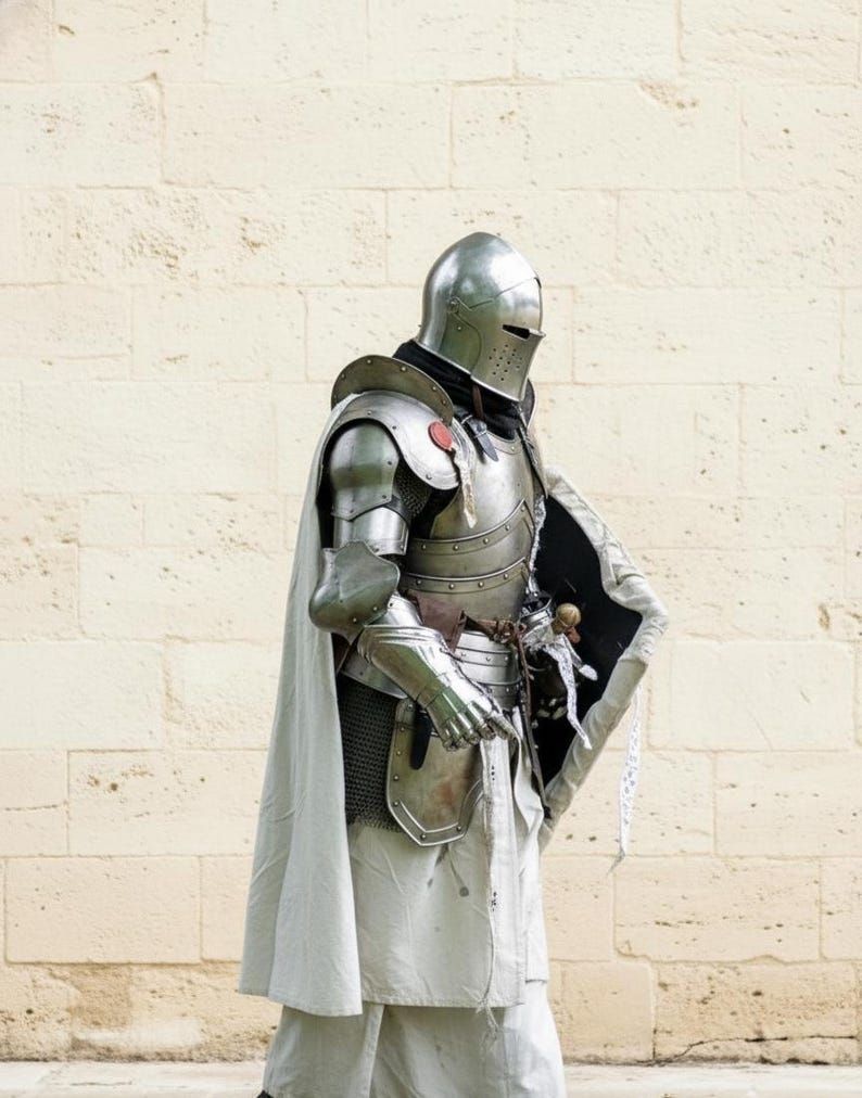 May include: A full suit of medieval armor, including a helmet, chest plate, and arm guards. The armor is silver-colored and worn with a white cape and tunic. A shield is held at the side. The background is a light-colored brick wall.