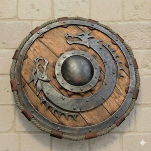 Escudo de dragón vikingo medieval hecho a mano, grabado, redondo, de madera, decoración de pared nórdica.