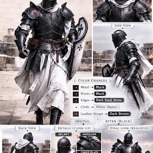 May include: Black Barbuta armor set with matte finish, including helmet, shoulder guards, chest plate, gauntlets, and a shield. The armor features dark steel shine edges, dark brown leather straps, and white cloth. The image shows front, side, back, and close-up views.