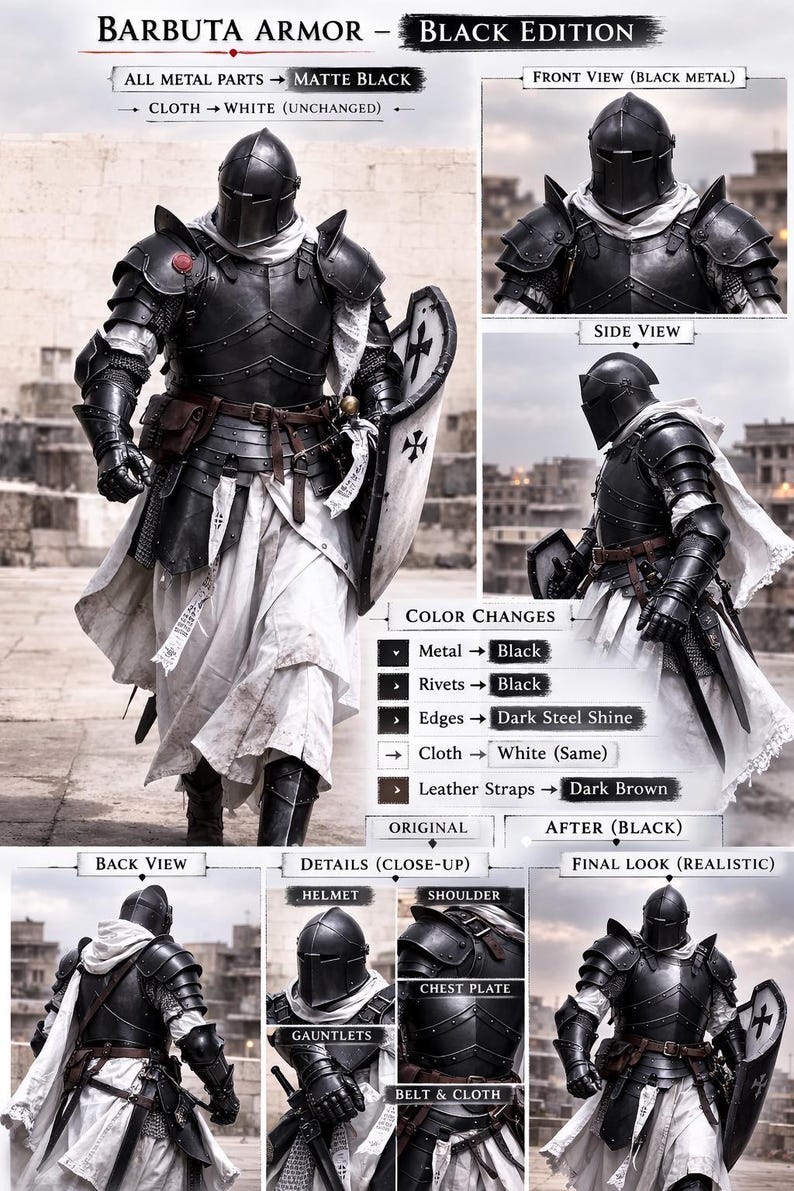 May include: Black Barbuta armor set with matte finish, including helmet, shoulder guards, chest plate, gauntlets, and a shield. The armor features dark steel shine edges, dark brown leather straps, and white cloth. The image shows front, side, back, and close-up views.