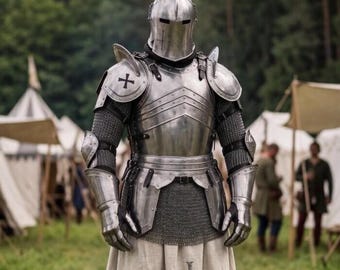 Conjunto de armadura de caballero Barbuta con telas, traje medieval de acero ponible, disfraz gótico para cosplay.