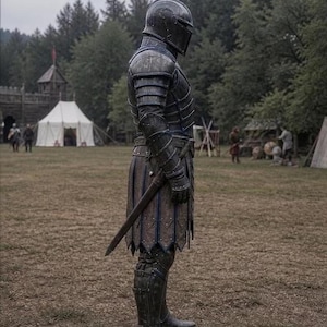 May include: A full suit of medieval armor in shades of gray and black, complete with a helmet, shoulder guards, and leg protection. A sword is sheathed at the waist. The armor is worn in a field with trees and tents in the background.