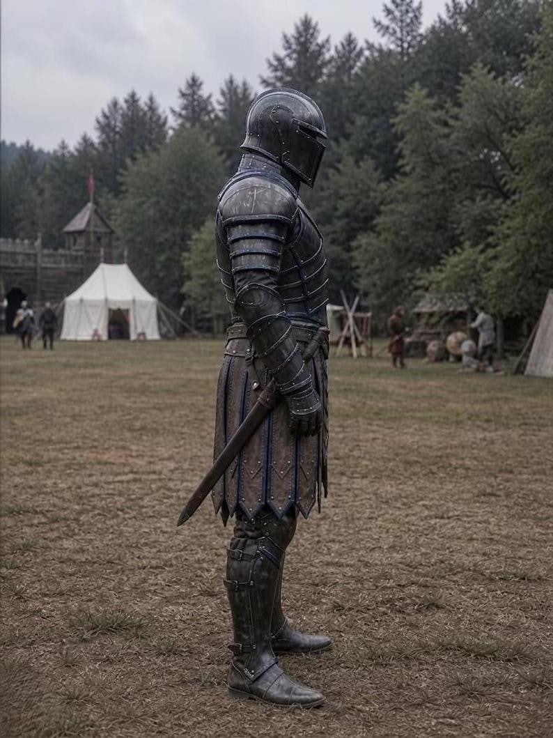May include: A full suit of medieval armor in shades of gray and black, complete with a helmet, shoulder guards, and leg protection. A sword is sheathed at the waist. The armor is worn in a field with trees and tents in the background.