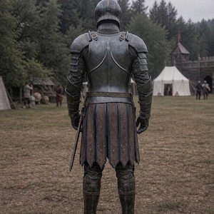 May include: A full suit of medieval armor, viewed from the back, stands in a grassy field. The armor is a dark, metallic gray with intricate detailing, including a helmet, shoulder guards, and a skirt-like lower section. A sword is sheathed at the side.