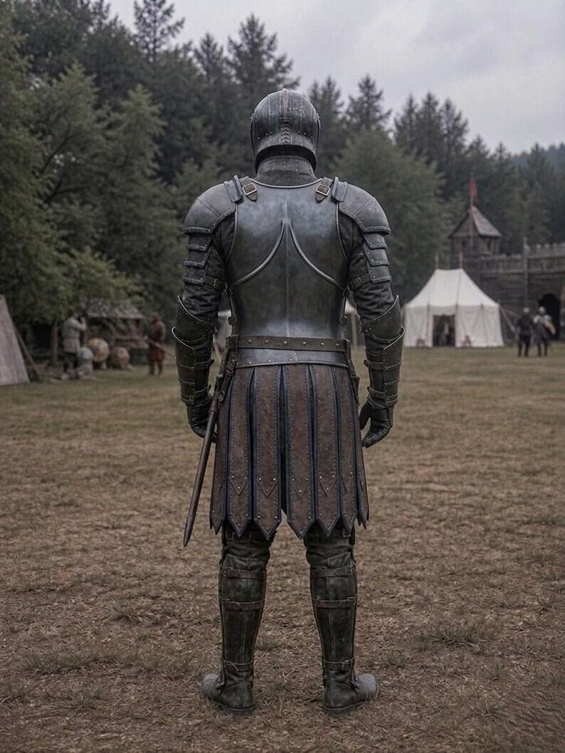 May include: A full suit of medieval armor, viewed from the back, stands in a grassy field. The armor is a dark, metallic gray with intricate detailing, including a helmet, shoulder guards, and a skirt-like lower section. A sword is sheathed at the side.