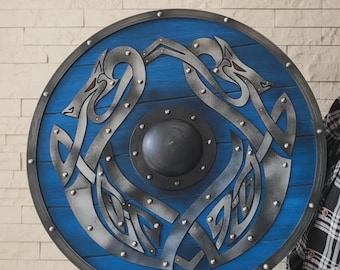 Handmade Norse Dragon Viking Engrave Shield, Blue Wooden Shield for cosplay & gift