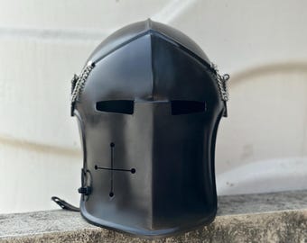 Casco de caballero medieval negro Barbuta, casco de armadura gótica, disfraz de fantasía LARP para cosplay
