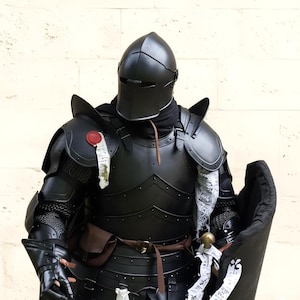 May include: A full suit of black armor, including a helmet, chest plate, shoulder guards, and gauntlets. The armor has a polished finish and is worn with a black cloak. A shield and sword are also visible, suggesting a medieval knight theme.