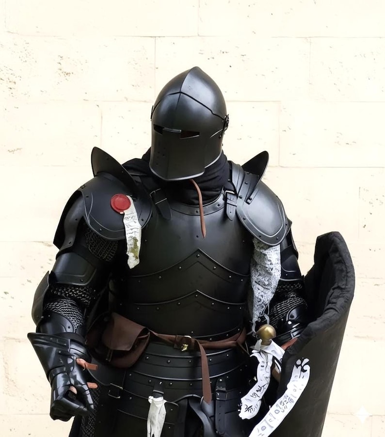May include: A full suit of black armor, including a helmet, chest plate, shoulder guards, and gauntlets. The armor has a polished finish and is worn with a black cloak. A shield and sword are also visible, suggesting a medieval knight theme.