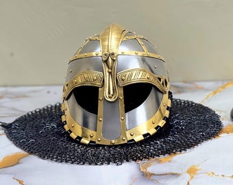 Casco vikingo Gjermundbu con cota de malla y acolchado Aventail Armadura medieval de guerrero nórdico