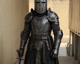 Armadura de caballero cruzado negro, traje de armadura gótica medieval de acero de cuerpo completo de templario para LARP y cosplay